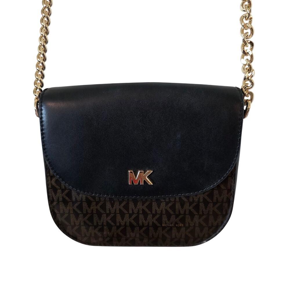 Michael Kors Half Dome Mini Crossbody Black Leather Logo Gold Hardware
